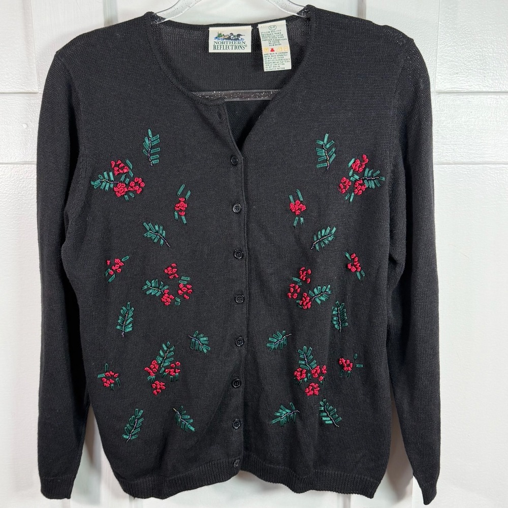 Northern Reflections Black Embroidered Holly Berry Cardigan Sweater‎ S P